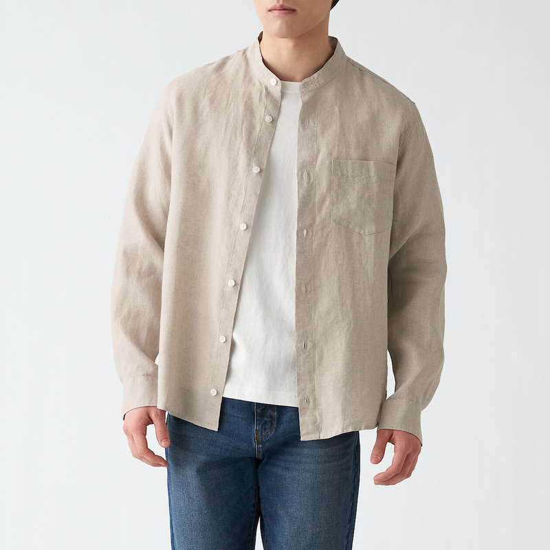 M's Linen washed stand collar L/S shirt